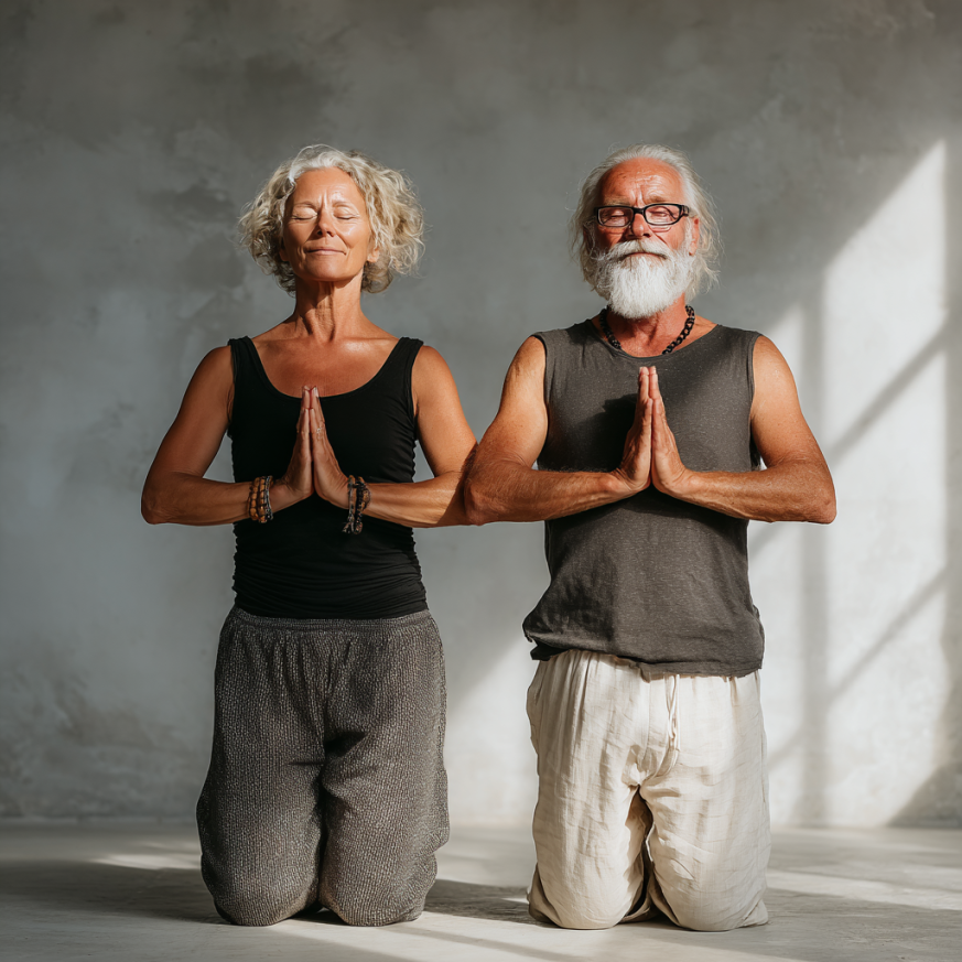 Skupina seniorů cvičící jógu